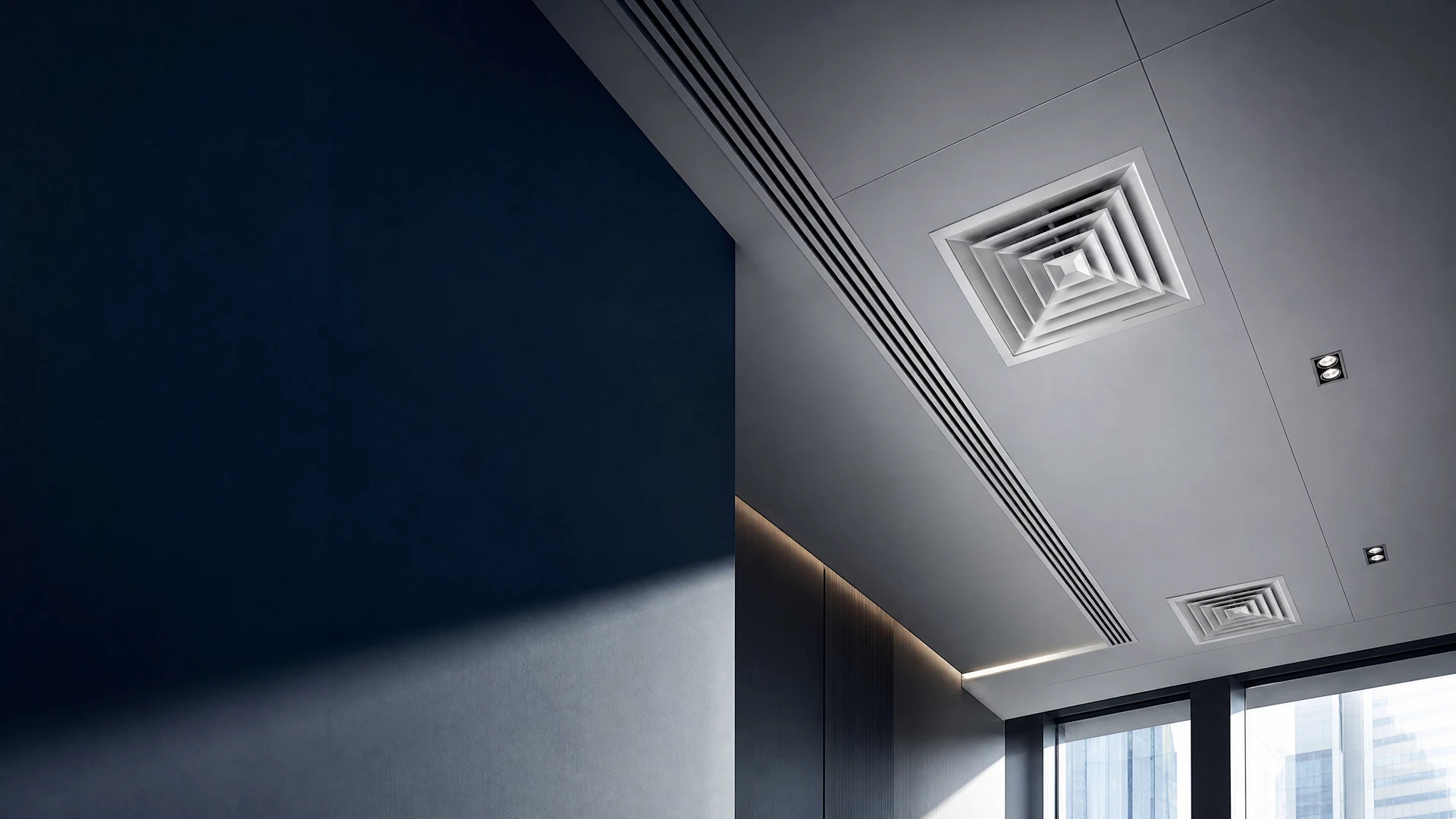 Architectural HVAC diffusers in a modern commercial ceiling